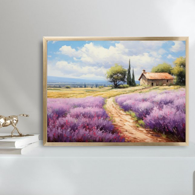 Watercolor Lavender Fält Farmhouse Land Art Poster (Lavender Fields Watercolor Wall Art Poster Print. Country French Rustic Farmhouse)