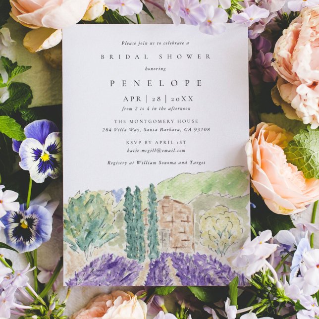 Watercolor Lavender Fält Möhippa Inbjudningar (Watercolor lavender fields wedding bridal shower invitation.)