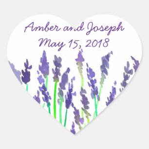 Watercolor Lavender Flowers Bröllop Date Hjärtformat Klistermärke