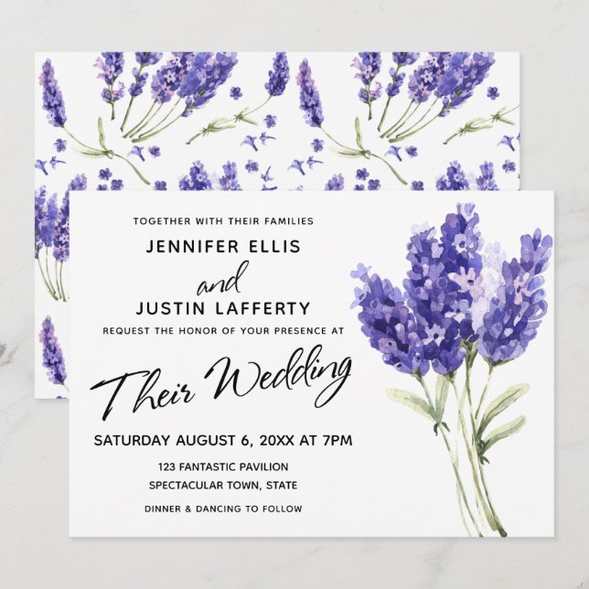 Watercolor Lavender Flowers, Elegant bröllop Inbjudningar (Fram/baksida)