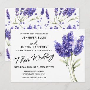 Watercolor Lavender Flowers, Elegant bröllop Inbjudningar