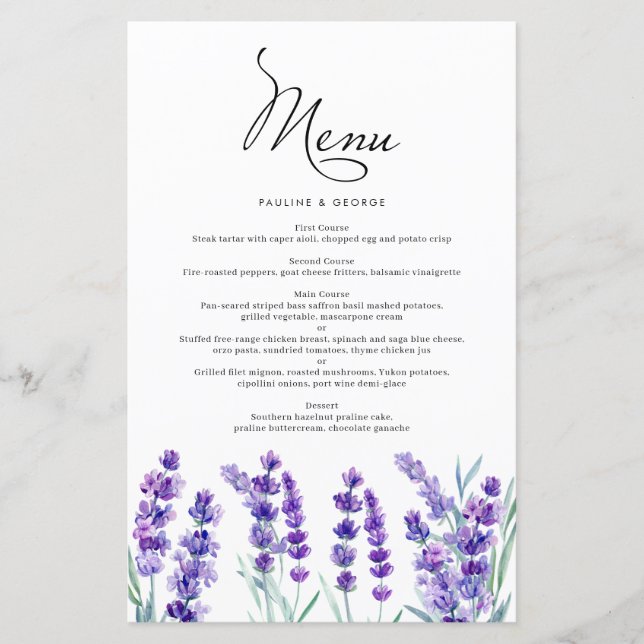 Watercolor Lavender Flowers Vår bröllop Menu (Framsida)