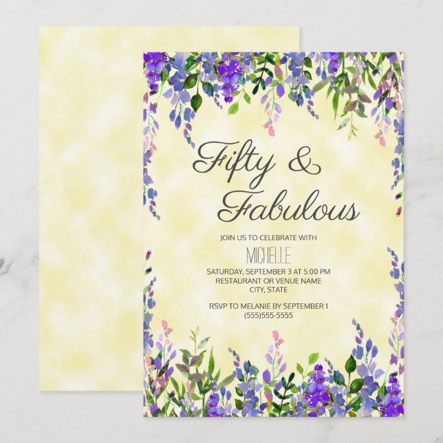 Watercolor Lavender Gult 50 & Fabulous Birthday Inbjudningar (Fram/baksida)