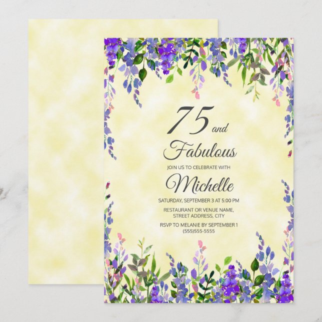 Watercolor Lavender Gult 75 & Fabulous Birthday Inbjudningar (Fram/baksida)