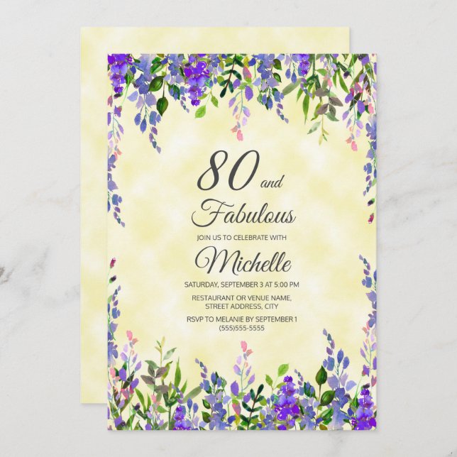 Watercolor Lavender Gult 80 & Fabulous Birthday Inbjudningar (Fram/baksida)