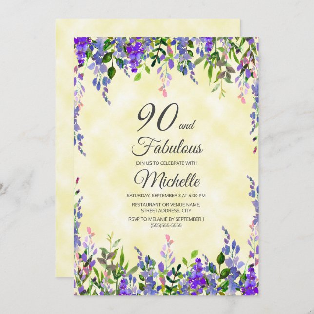 Watercolor Lavender Gult 90 & Fabulous Birthday Inbjudningar (Fram/baksida)