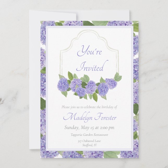Watercolor Lavender Hydrangea Birthday Inbjudningar (Framsida)