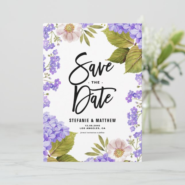 Watercolor Lavender Hydrangea Blommigt Spara Datumet (Stående Fram)