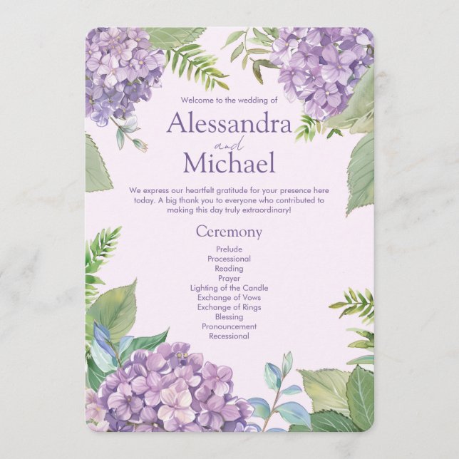 Watercolor Lavender Hydrangea Flowers Fern Bröllop Program (Framsida)