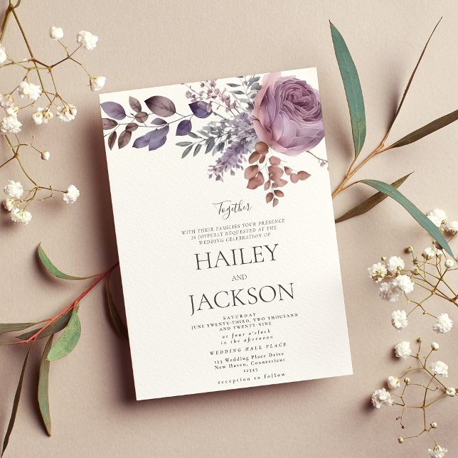 Watercolor lavender lila rosa blommigt bröllop inbjudningar (Watercolor lavender purple pink floral wedding invitation)
