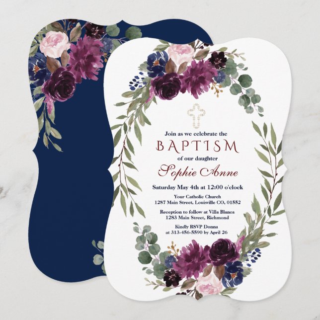 Watercolor Lavender Navy Marsala Blommigt Baptism Inbjudningar (Fram/baksida)