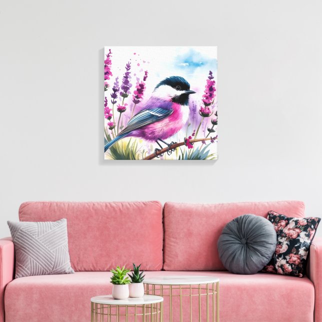 Watercolor Lavender och Chickadee Canvastryck (Insitu (Vardagsrum))