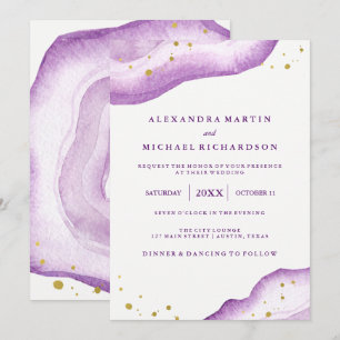 Watercolor Lavender och Guld Geode Bröllop II Inbjudningar