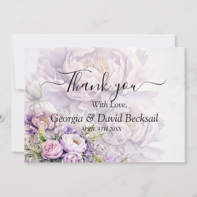 Watercolor Lavender Peony Bröllop Tack Kort (Framsida)