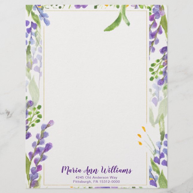 Watercolor Lavender Personlig Letterhead Brevhuvud (Framsida)