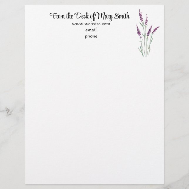 Watercolor Lavender Personlig Letterhead Brevhuvud (Framsida)