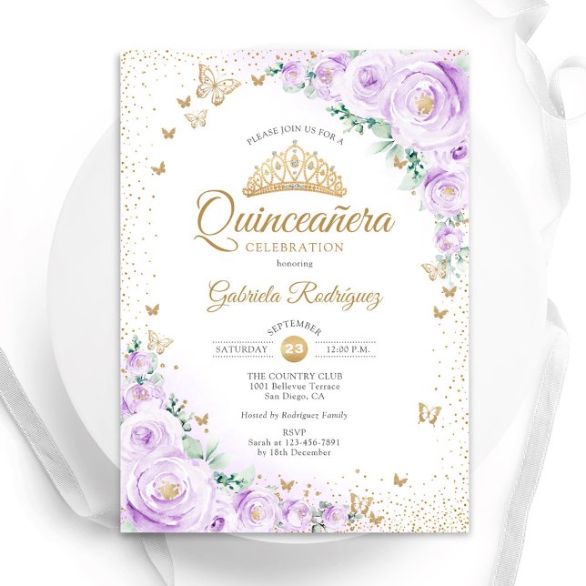 Watercolor Lavender Purple Floral Quinceanera Inbjudningar (Skapare uppladdad)