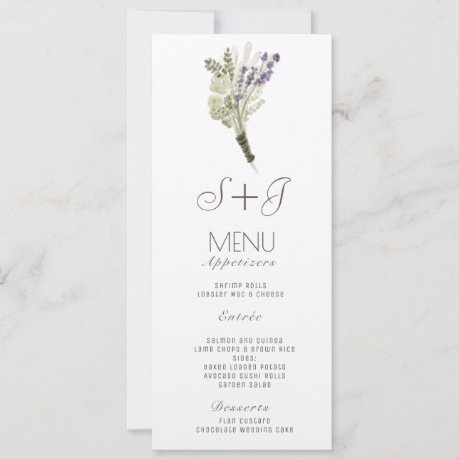 Watercolor Lavender Rustic Bouquet Dinner Menu Julkort (Framsida)