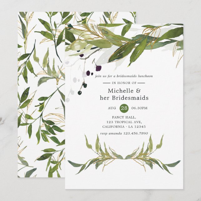 Watercolor Leafy Greenery Bridesmaids Luncheon Inbjudningar (Fram/baksida)
