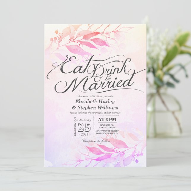 Watercolor Leaves EAT Drink & Be Married Bröllop I Inbjudningar (Stående Fram)