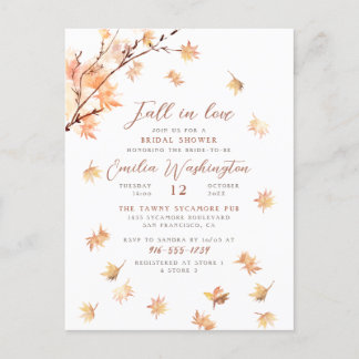Watercolor Leaves "Fall In Love" Bridal Shower Inbjudan Vykort
