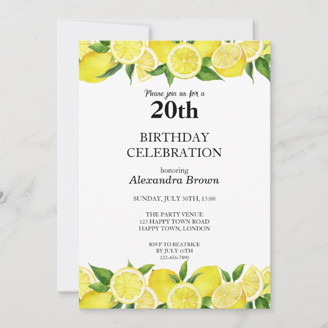 Watercolor Lemon 20:e födelsedag Photo Party Inbjudningar (Framsida)