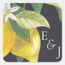 Watercolor Lemon Blommar Monogram Bröllop Fyrkantigt Klistermärke