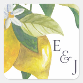 Watercolor Lemon Blommar Monogram Bröllop Fyrkantigt Klistermärke