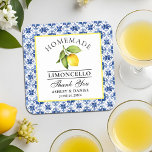 Watercolor Lemon Blue Tile Limoncello Bröllop Underlägg Papper Kvadrat<br><div class="desc">Elegant Watercolor Lemon on on Blue Tile Homemade Limoncello Bröllop Tack Underlägg</div>
