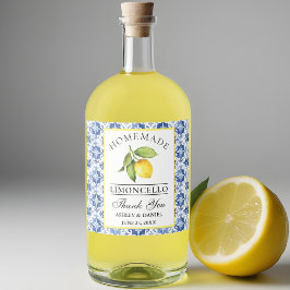 Watercolor Lemon Blue Tile Limoncello Spritflaskor Etikett