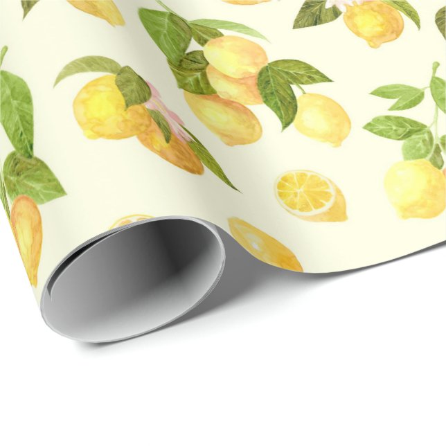 Watercolor Lemon Branches with Blossoms Pattern Presentpapper (Rullad Hörn)