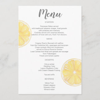 Watercolor Lemon Bröllop Menu Meny