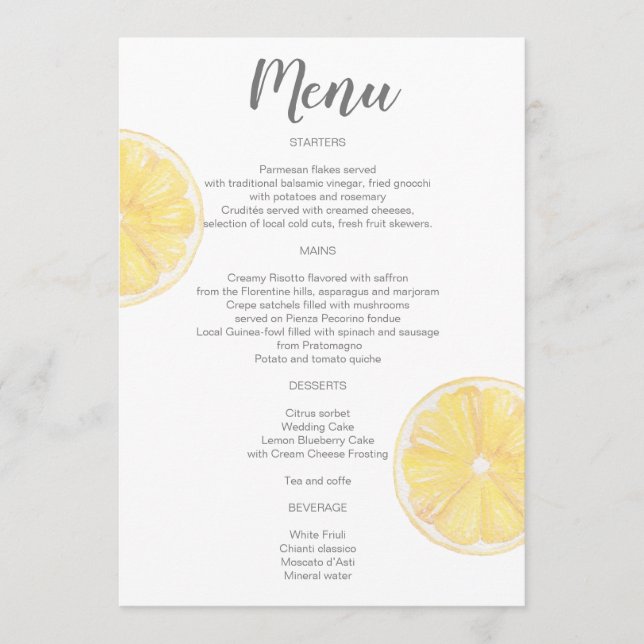 Watercolor Lemon Bröllop Menu Meny (Framsida)