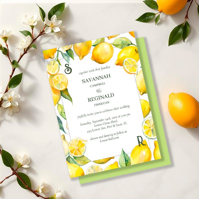 Watercolor Lemon Citrus Modern Monogram Bröllop Inbjudningar (Skapare uppladdad)