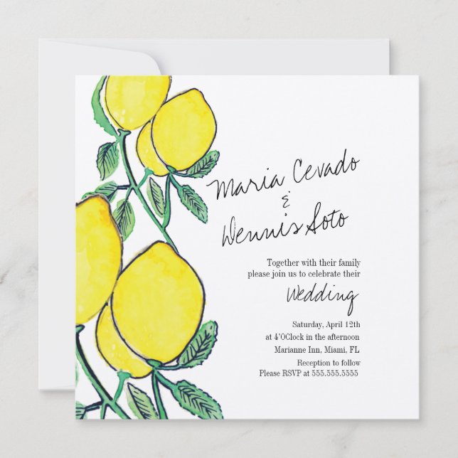Watercolor Lemon Citrus Script Bröllop Kraft Inbjudningar (Framsida)