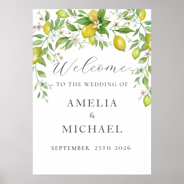 Watercolor Lemon Citrus Welcome Bröllop Poster (Framsidan)