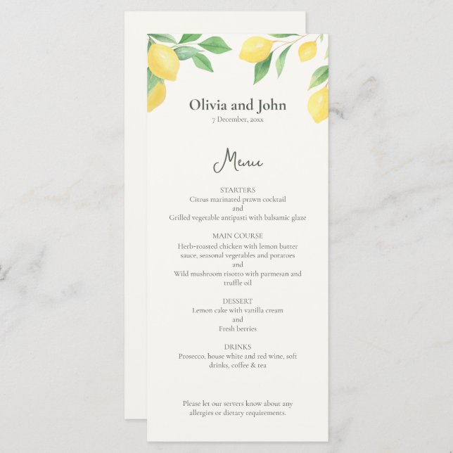 Watercolor Lemon Foliage Elegant Wedding Menu Meny (Fram/baksida)