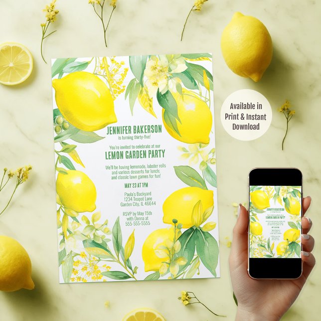 Watercolor Lemon Garden Födelsedagsfest Inbjudningar (Available in Print and Instant Download)