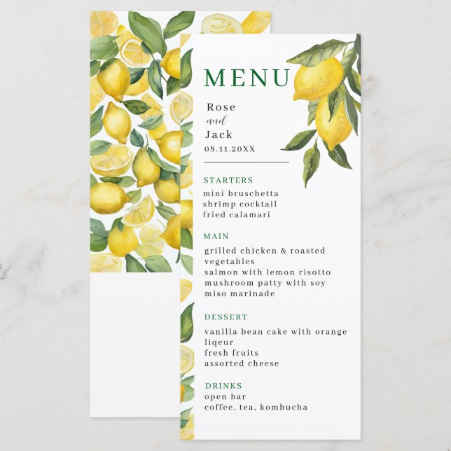 Watercolor Lemon Garden Wedding Meny (Fram/baksida)