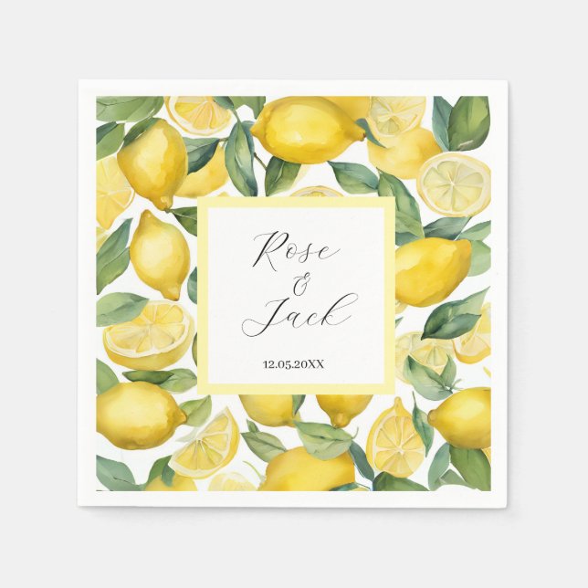 Watercolor Lemon Garden White Bröllop Pappersservett (Framsidan)