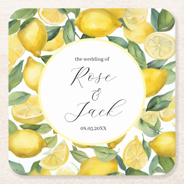 Watercolor Lemon Garden White Bröllop Underlägg Papper Kvadrat (Framsidan)