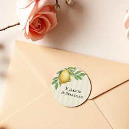 Watercolor Lemon Gult Citrus Rustic Bröllop Runt Klistermärke