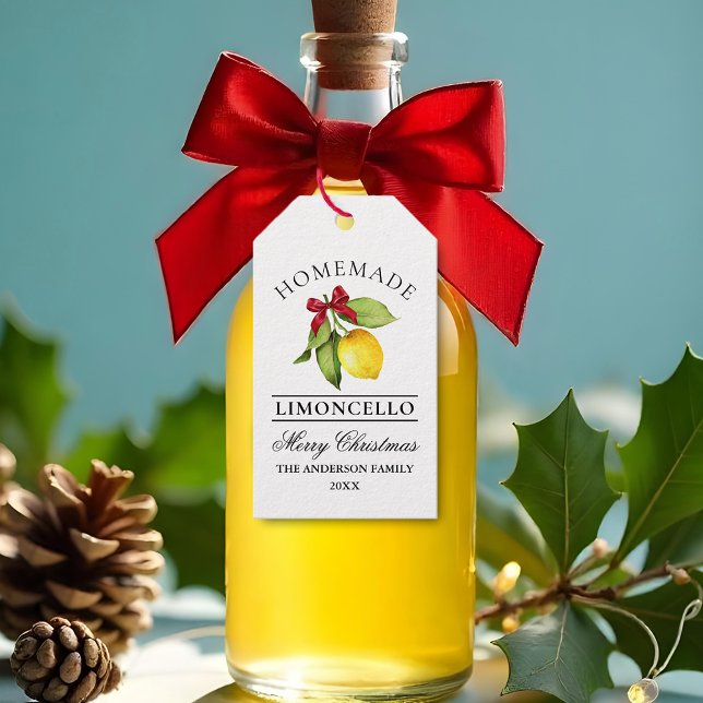 Watercolor Lemon Homemade Limoncello Jul Presentetikett (Customize to change text size, text style or to add more text to back of tag.)