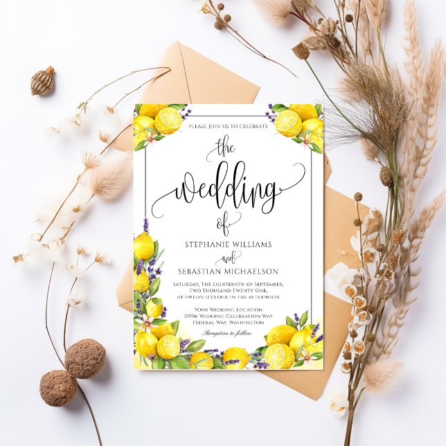 Watercolor Lemon Lavender Boho Bröllop Inbjudningar (Watercolor Lemon Lavender Boho Wedding Invitation)