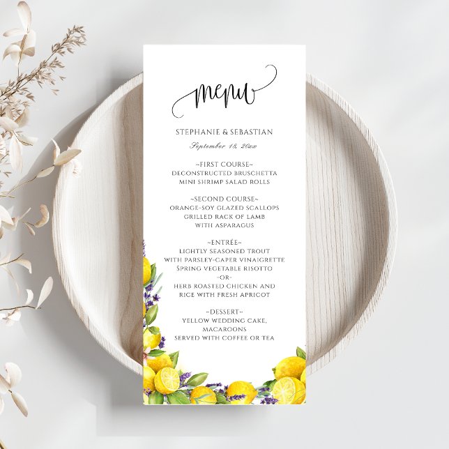 Watercolor Lemon Lavender Boho Bröllop Meny (Watercolor Lemon Lavender Boho Wedding Menu)