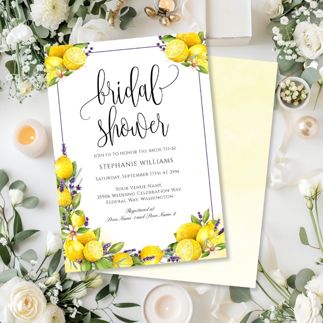 Watercolor Lemon Lavender Boho Möhippa Inbjudningar (Watercolor Lemon Lavender Boho Bridal Shower Invitation)