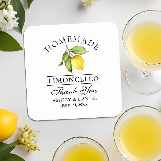 Watercolor Lemon Limoncello Bröllop Underlägg Papper Kvadrat (Customize to change text size, color or text style.)