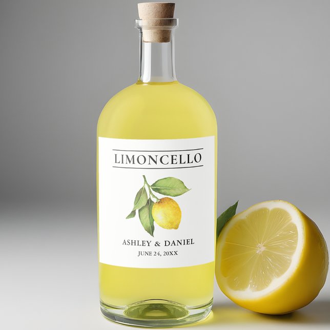 Watercolor Lemon Limoncello Spritflaskor Etikett (Customize to change text size, color or text style.)
