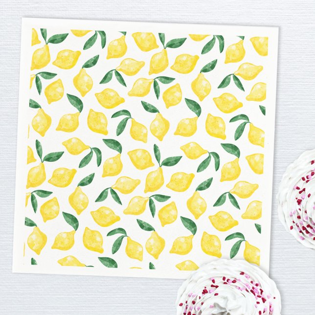Watercolor Lemon Mönster Citrus Pappersservett (Green yellow and white watercolor lemon pattern paper napkin)