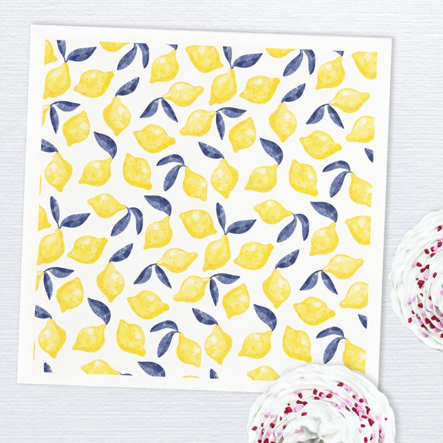 Watercolor Lemon Mönster Citrus Pappersservett (Blue yellow and white watercolor lemon pattern paper napkin)